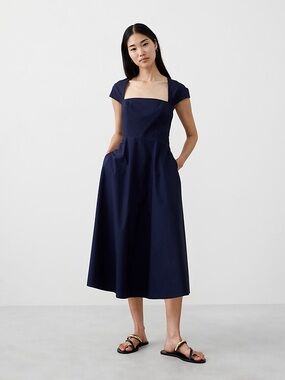 Square-Neck Navy Midi Dress